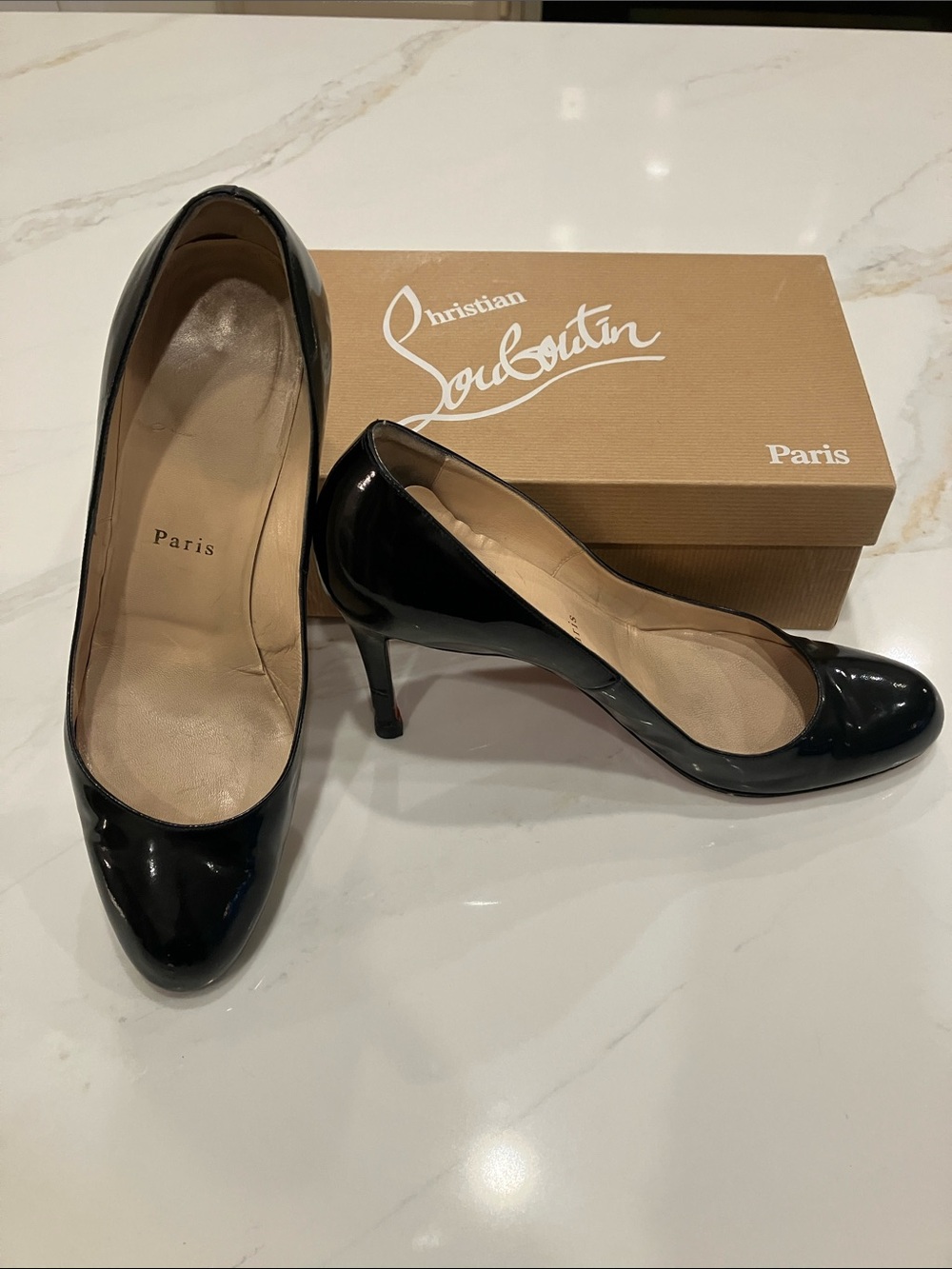 Christian Louboutin Simple Pump 85 Black Patent Round-Toe Pumps Sz 39.5- GUC - Picture 2 of 14